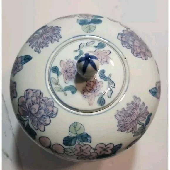 Vtg Chinese Ginger/Temple Jar Temple with Lid Pink Florals Green Leaves on White